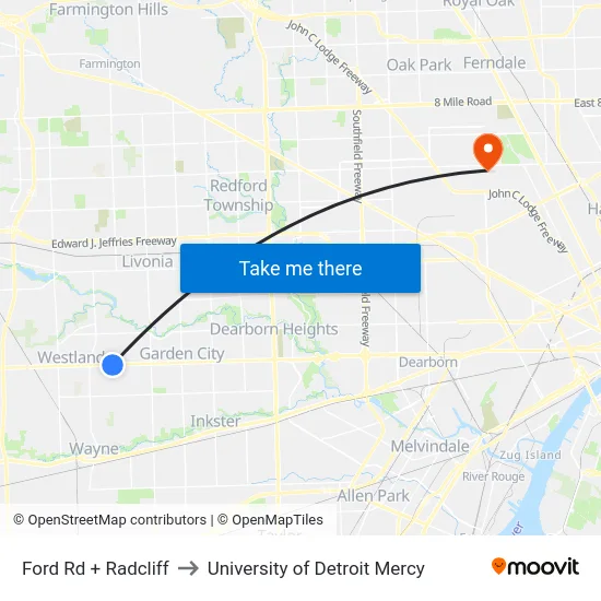 Ford & Radcliff to University of Detroit Mercy map