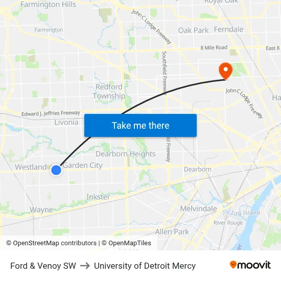 Ford & Venoy SW to University of Detroit Mercy map