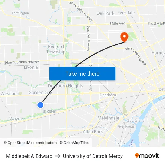 Middlebelt & Edward to University of Detroit Mercy map