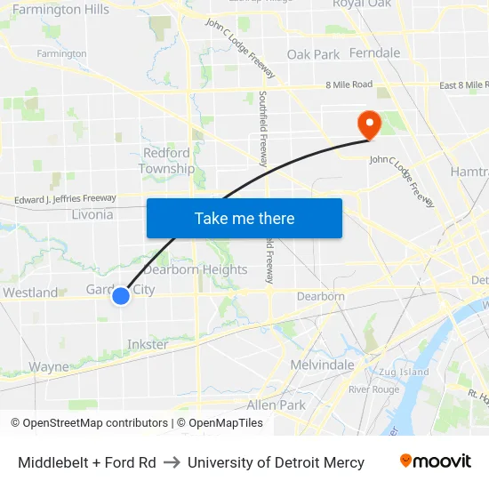 Middlebelt & Ford to University of Detroit Mercy map