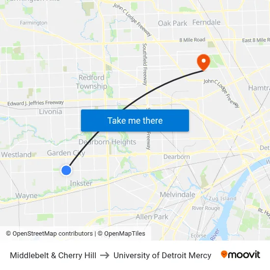 Middlebelt & Cherry Hill to University of Detroit Mercy map
