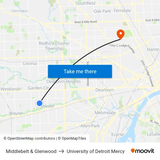 Middlebelt & Glenwood to University of Detroit Mercy map