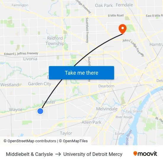 Middlebelt & Carlysle to University of Detroit Mercy map