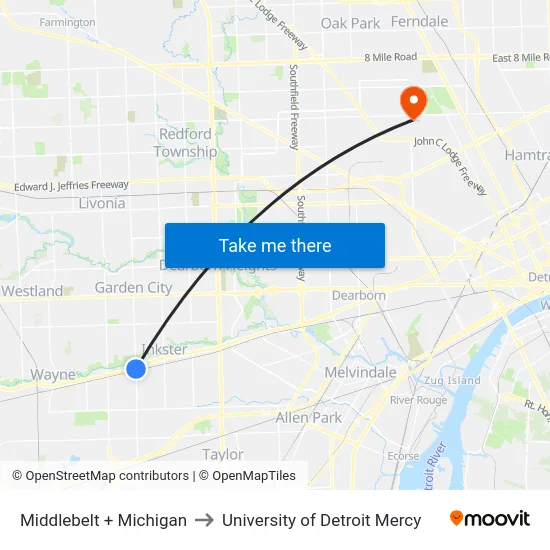 Middlebelt & Michigan to University of Detroit Mercy map