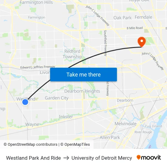 Westland Park And Ride to University of Detroit Mercy map
