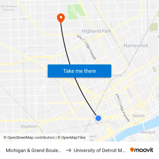 Michigan & Grand Boulevard to University of Detroit Mercy map