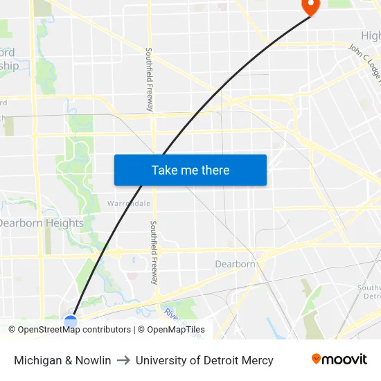 Michigan & Nowlin to University of Detroit Mercy map