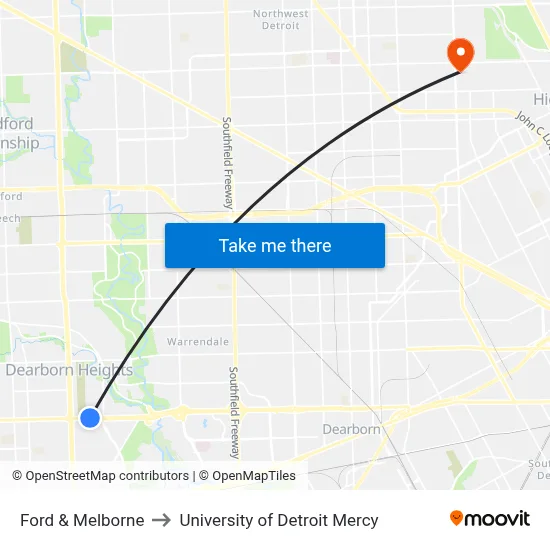 Ford & Melborne to University of Detroit Mercy map