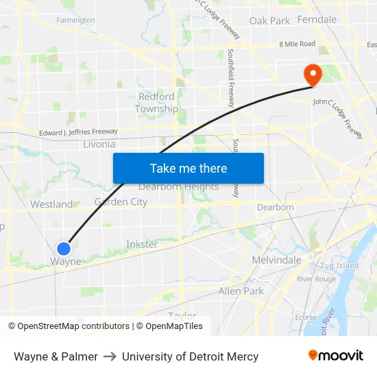 Wayne & Palmer to University of Detroit Mercy map