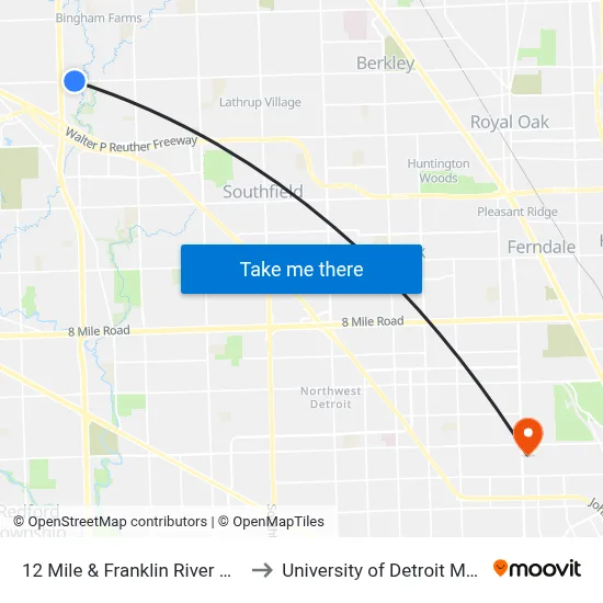 12 Mile & Franklin River Drive to University of Detroit Mercy map