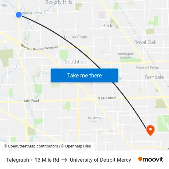 Telegraph @ 13 Mile to University of Detroit Mercy map