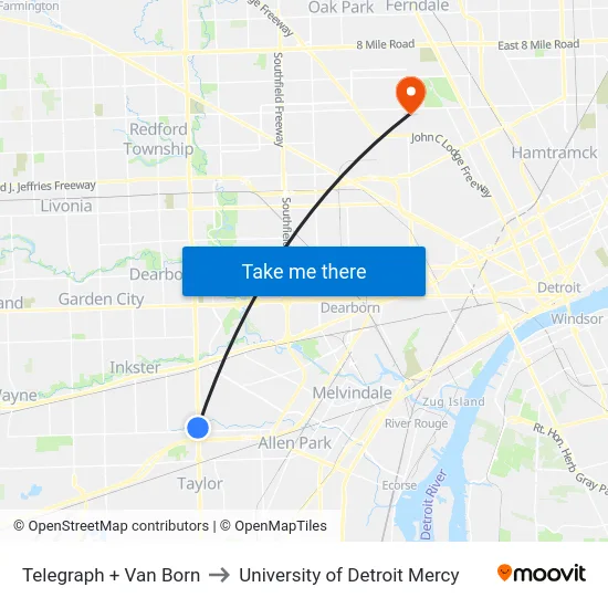 Telegraph + Van Born to University of Detroit Mercy map