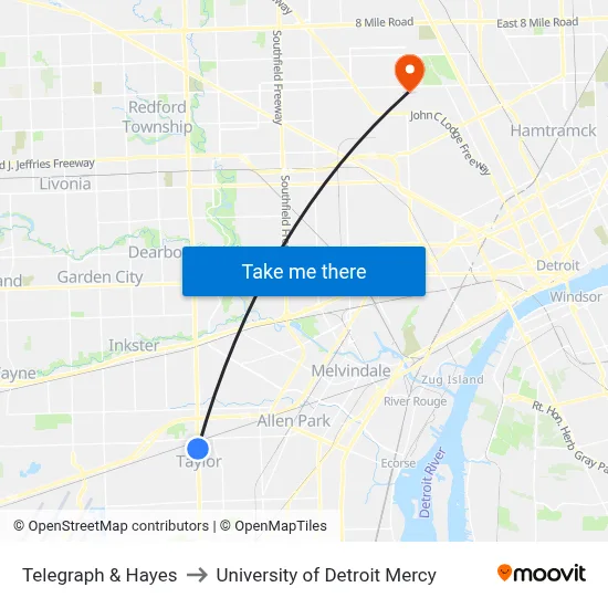 Telegraph & Hayes to University of Detroit Mercy map