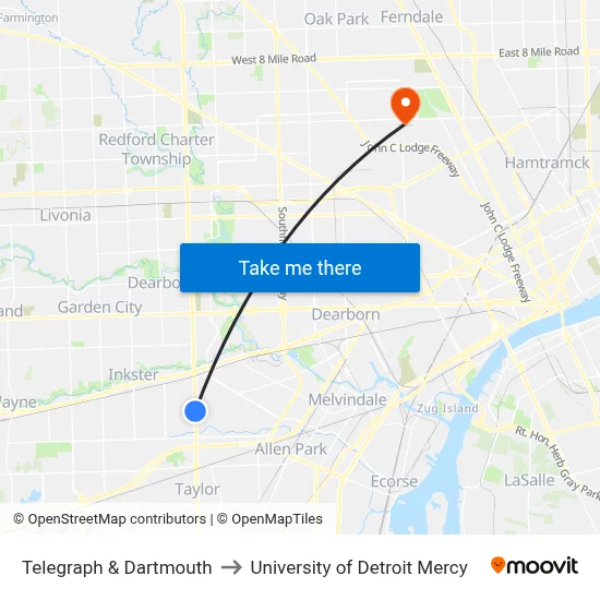 Telegraph & Dartmouth to University of Detroit Mercy map