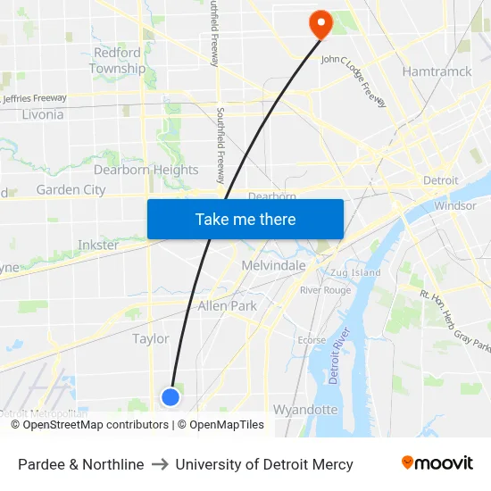 Pardee & Northline to University of Detroit Mercy map