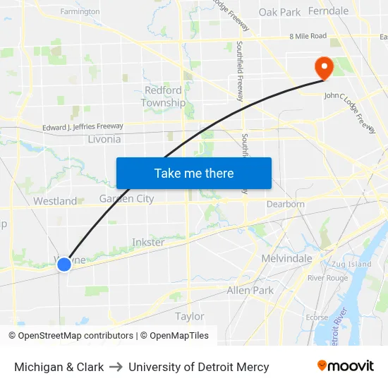 Michigan & Clark to University of Detroit Mercy map