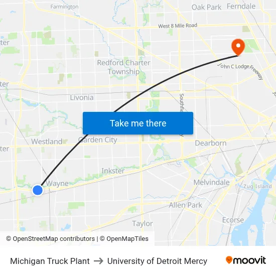 Michigan Truck Plant to University of Detroit Mercy map