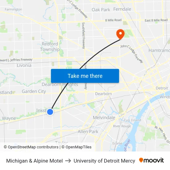 Michigan & Alpine Motel to University of Detroit Mercy map