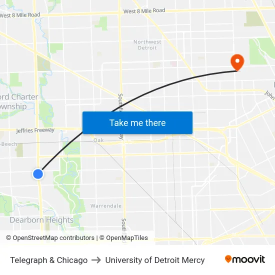 Telegraph & Chicago to University of Detroit Mercy map