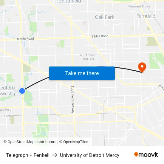 Telegraph & Fenkell to University of Detroit Mercy map