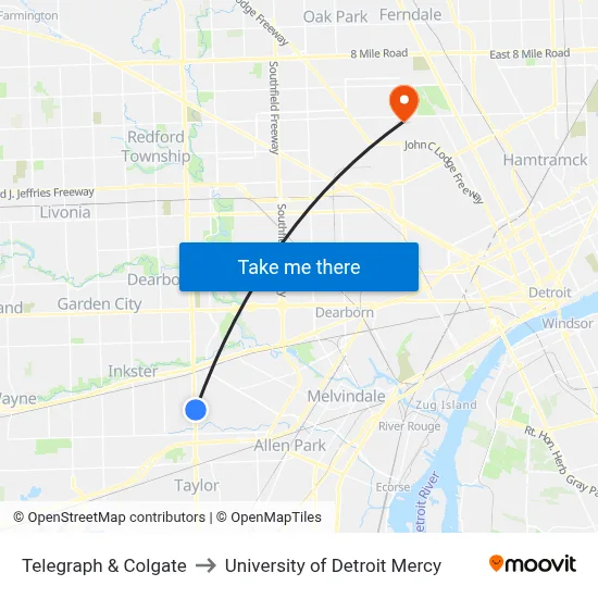 Telegraph & Colgate to University of Detroit Mercy map