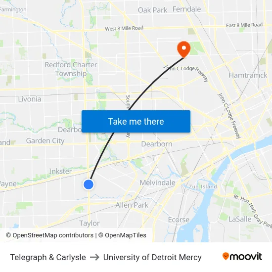 Telegraph & Carlysle to University of Detroit Mercy map