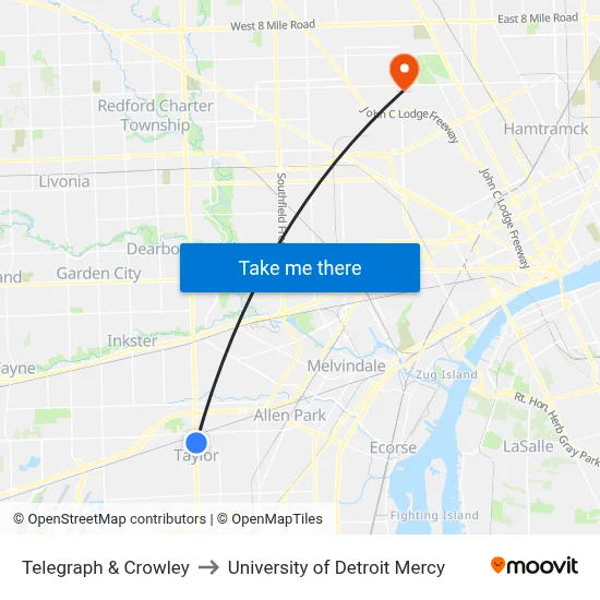 Telegraph & Crowley to University of Detroit Mercy map