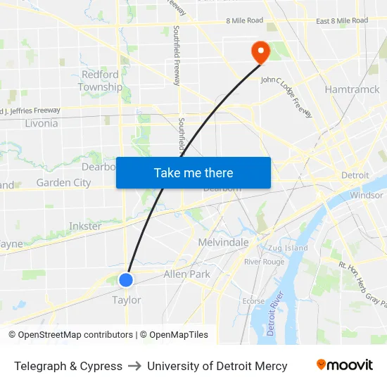 Telegraph & Cypress to University of Detroit Mercy map