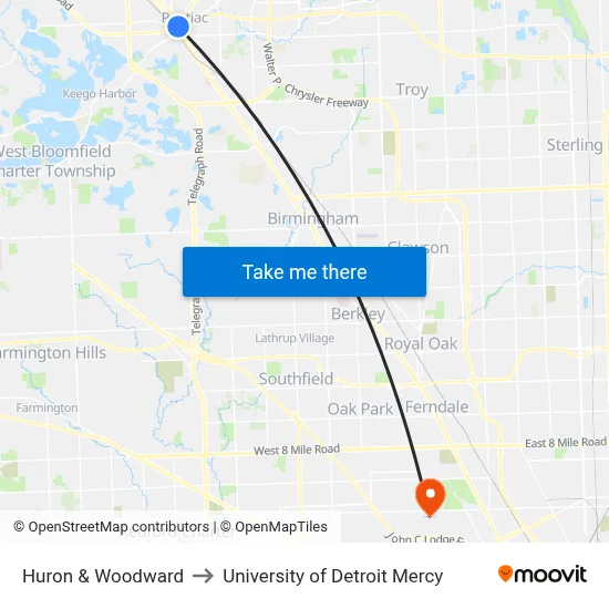 Huron & Woodward to University of Detroit Mercy map