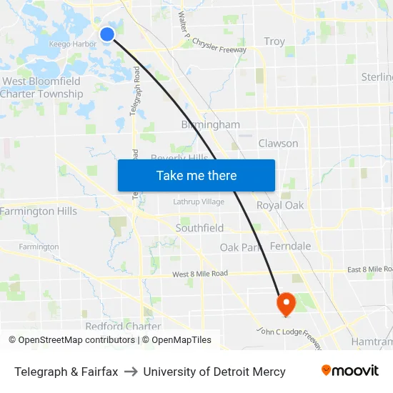 Telegraph & Fairfax to University of Detroit Mercy map