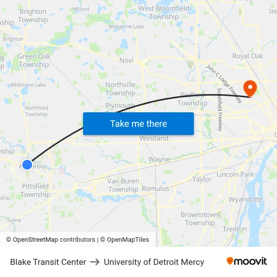 Blake Transit Center to University of Detroit Mercy map