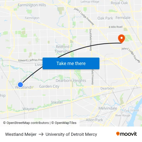 Westland Meijer to University of Detroit Mercy map