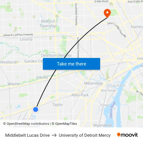 Middlebelt Lucas Drive to University of Detroit Mercy map