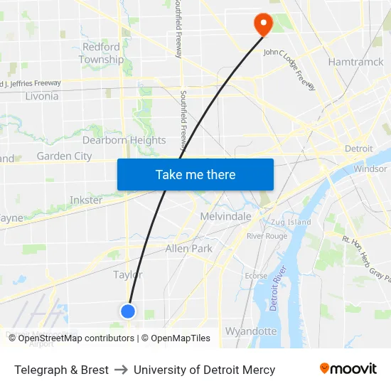 Telegraph & Brest to University of Detroit Mercy map