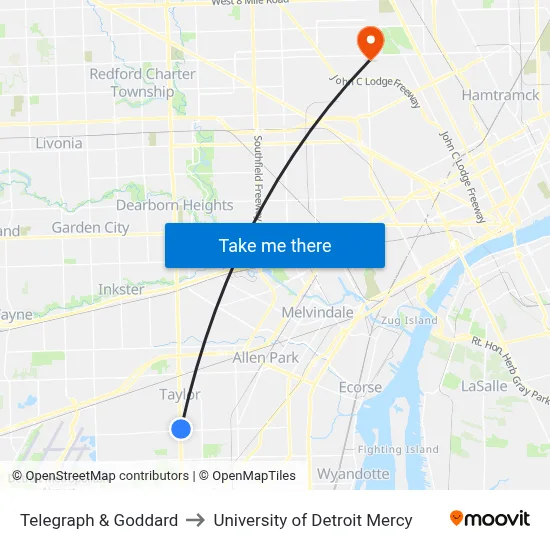 Telegraph & Goddard to University of Detroit Mercy map