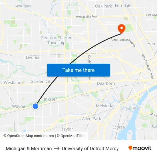 Michigan & Merriman to University of Detroit Mercy map