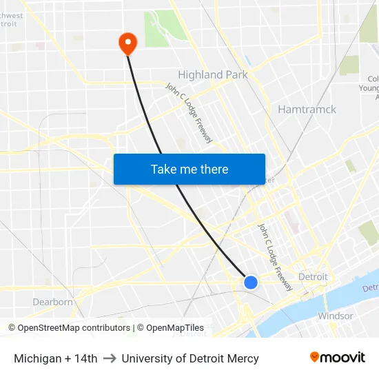 Michigan + 14th to University of Detroit Mercy map