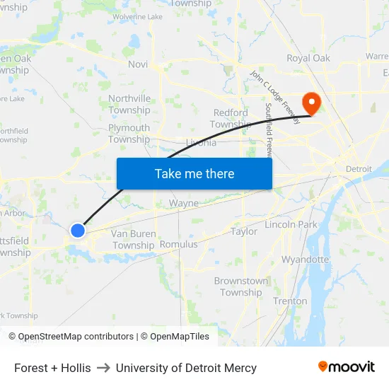 Forest + Hollis to University of Detroit Mercy map