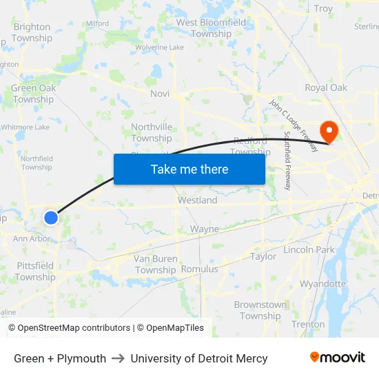 Green + Plymouth to University of Detroit Mercy map