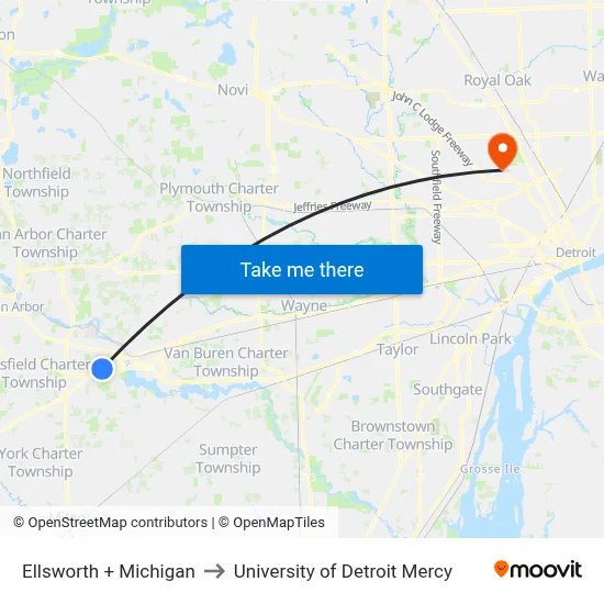 Ellsworth  + Michigan to University of Detroit Mercy map