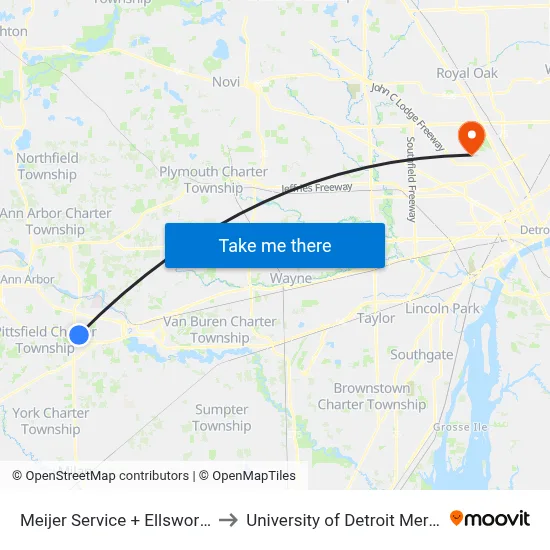 Meijer Service + Ellsworth to University of Detroit Mercy map
