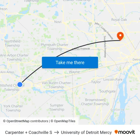 Carpenter + Coachville S to University of Detroit Mercy map