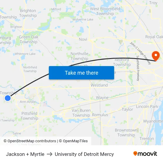 Jackson + Myrtle to University of Detroit Mercy map