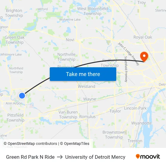 Green Rd Park N Ride to University of Detroit Mercy map