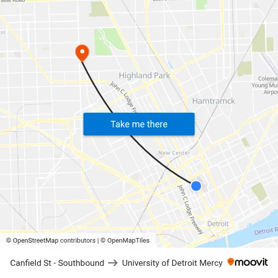 Canfield St - Southbound to University of Detroit Mercy map