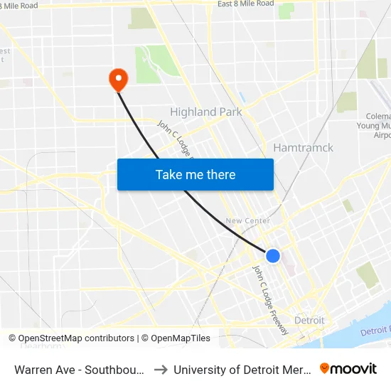 Warren Ave - Southbound to University of Detroit Mercy map
