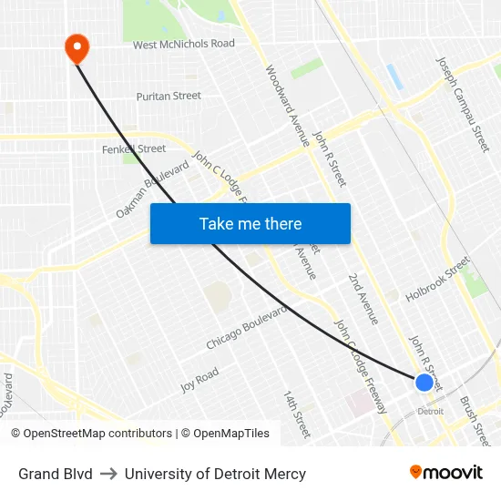 Grand Blvd to University of Detroit Mercy map