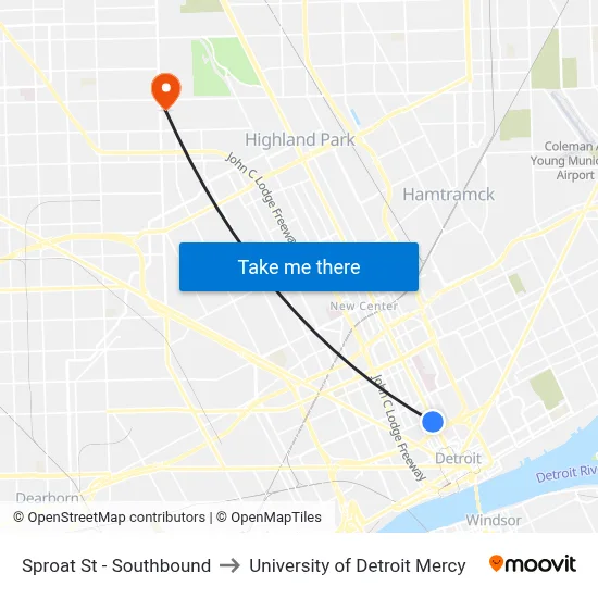 Sproat St - Southbound to University of Detroit Mercy map