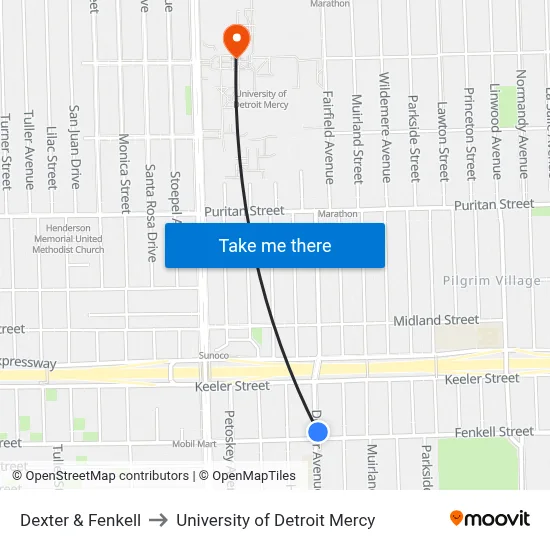 Dexter & Fenkell to University of Detroit Mercy map