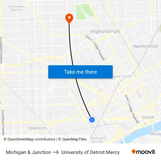 Michigan & Junction to University of Detroit Mercy map